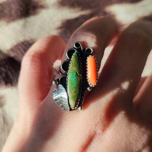 Artisan Silver Ring with Green and Orange Stones